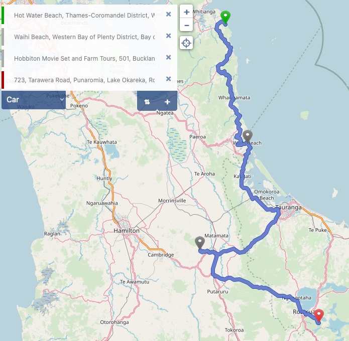Von Hot Water Beach via Hobbiton nach Rotorua - Kartenmaterial (c) OpenStreetMap-Mitwirkende