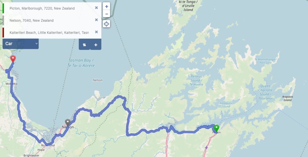 Auf der Südinsel: von Picton nach Kaiteriteri Beach - Kartenmaterial (c) OpenStreetMap-Mitwirkende