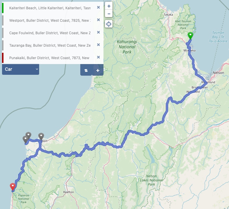 Vom Abel Tasman National Park zu den Pancake Rocks - Kartenmaterial (c) OpenStreetMap-Mitwirkende