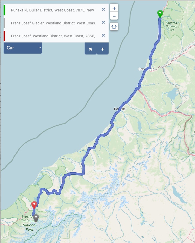 Von den Pancake Rocks zum Franz-Josef-Gletscher - Kartenmaterial (c) OpenStreetMap-Mitwirkende