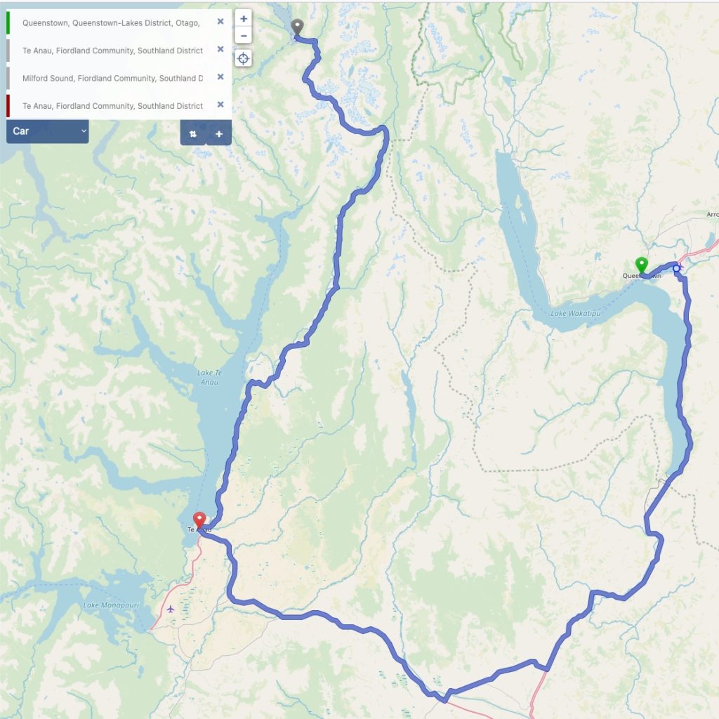 Von Queenstown nach Milford Sound und zurück nach Te Anau - Kartenmaterial (c) OpenStreetMap-Mitwirkende