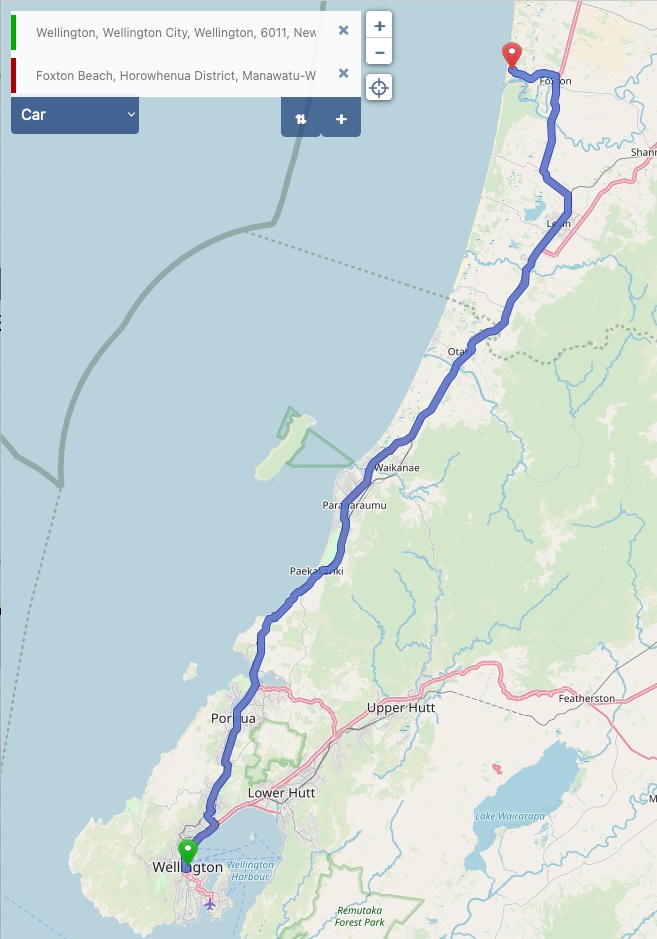 Von Wellington nach Foxton Beach - Kartenmaterial (c) OpenStreetMap-Mitwirkende