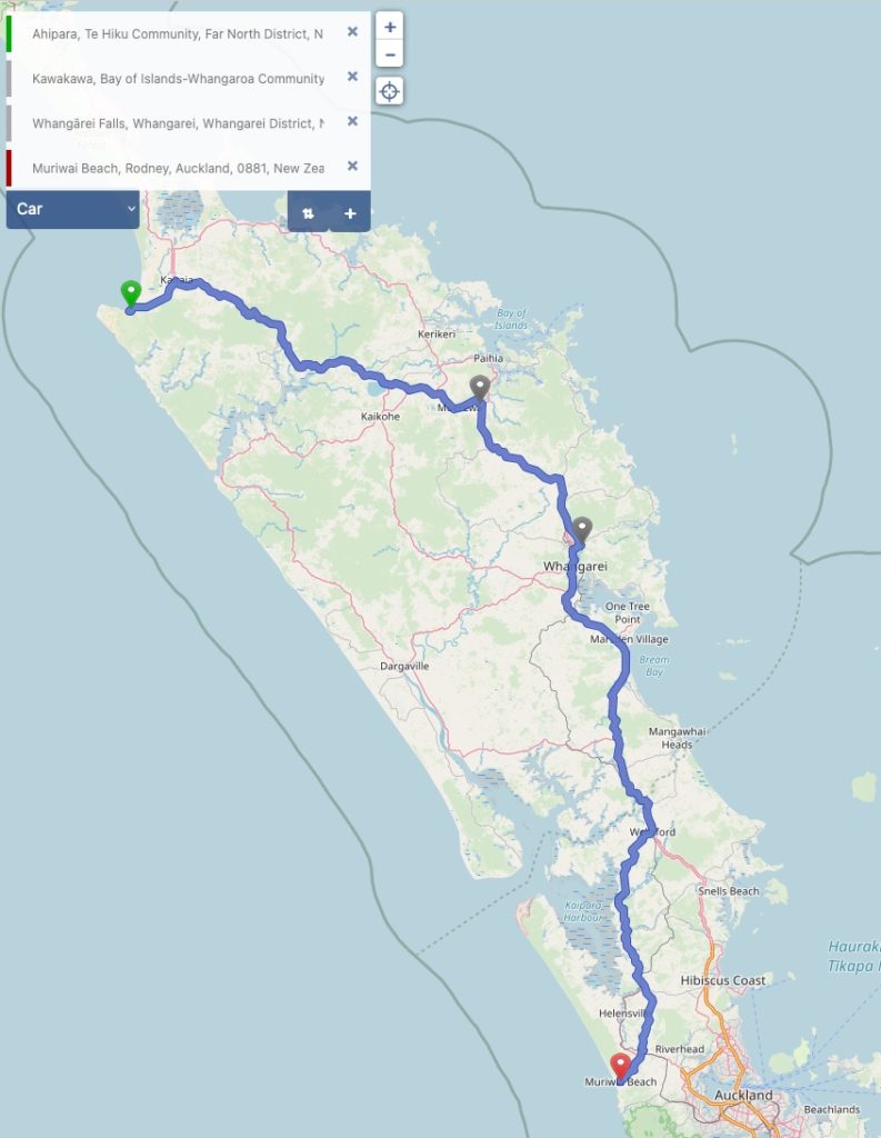 Von Ahipara nach Muriwai Beach - Kartenmaterial (c) OpenStreetMap-Mitwirkende